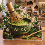 Artwork visualization: Matcha ritual — family cooking day, personalized ALEX, subject-shaped acrylic with printed optical 3D depth; not carved relief.