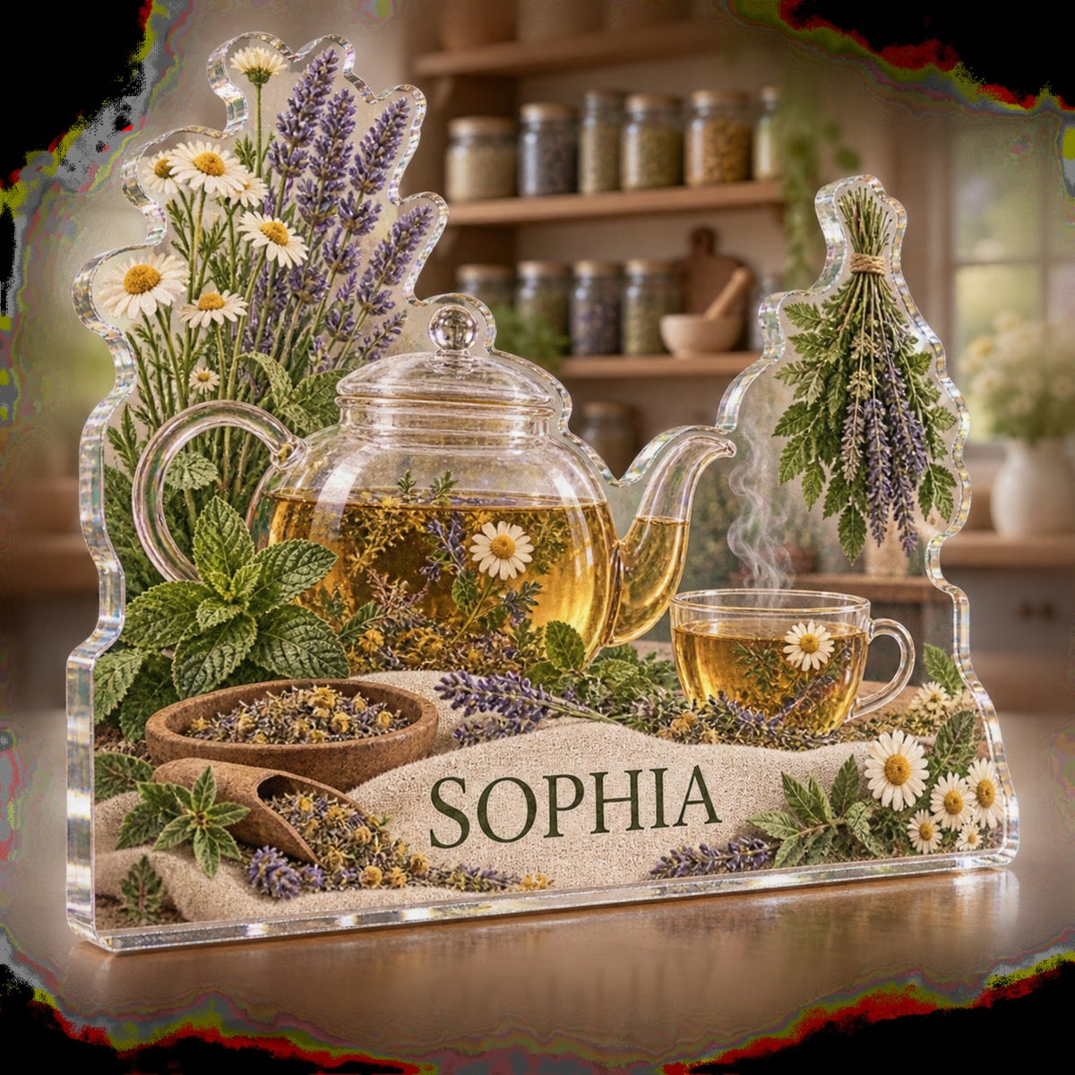 Personalized Herbal Tea Shelf Kitchen Wall Collection custom shape acrylic plaque with an example name set into the artwork, digital preview