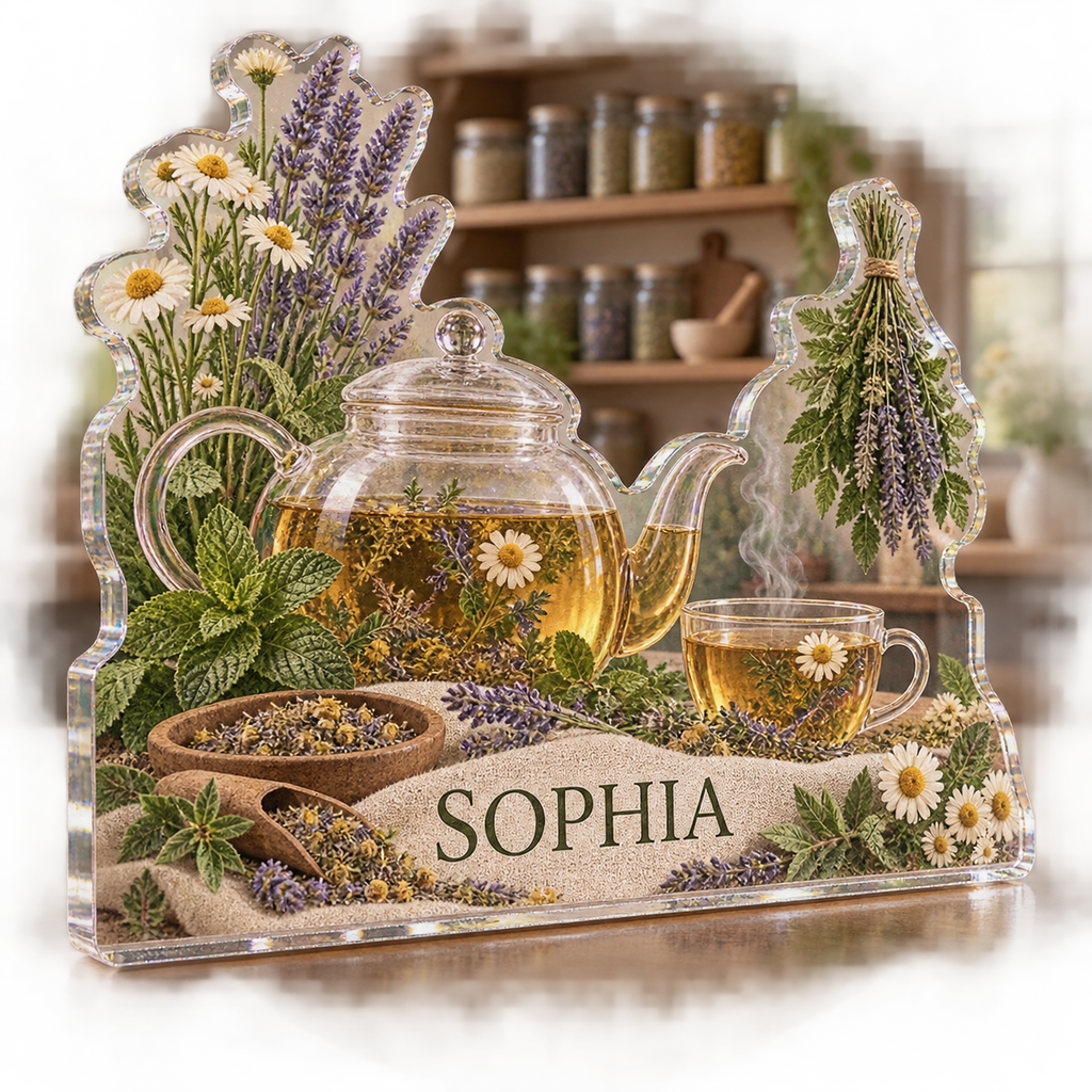 Artwork visualization: Herbal tea shelf — kitchen wall collection, personalized SOPHIA, subject-shaped acrylic with printed optical 3D depth; not carved relief.