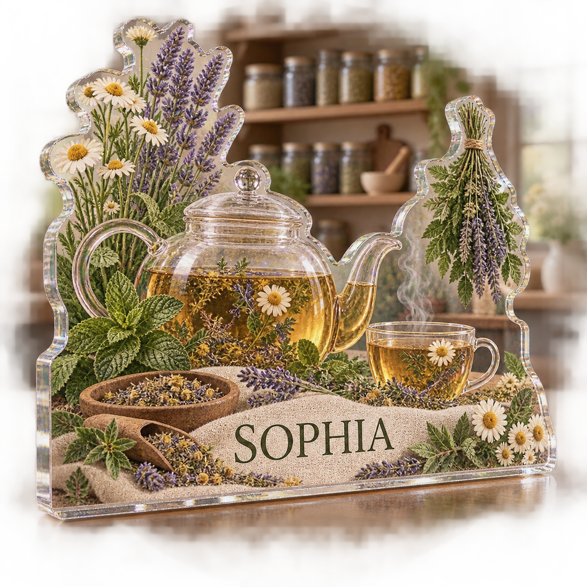 Artwork visualization: Herbal tea shelf — kitchen wall collection, personalized SOPHIA, subject-shaped acrylic with printed optical 3D depth; not carved relief.