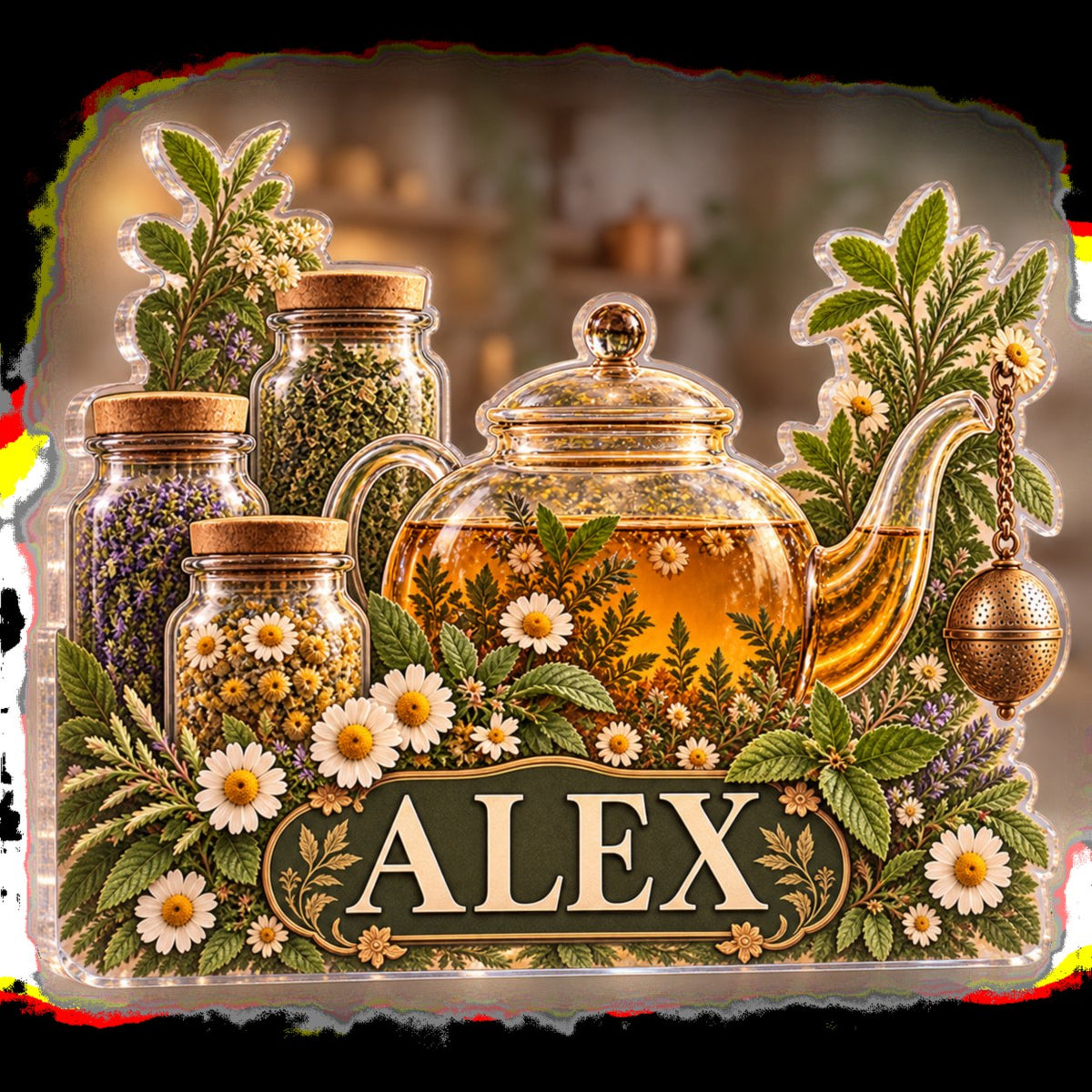 Personalized Herbal Tea Shelf Host Thank You Gift custom shape acrylic plaque with an example name set into the artwork, digital preview