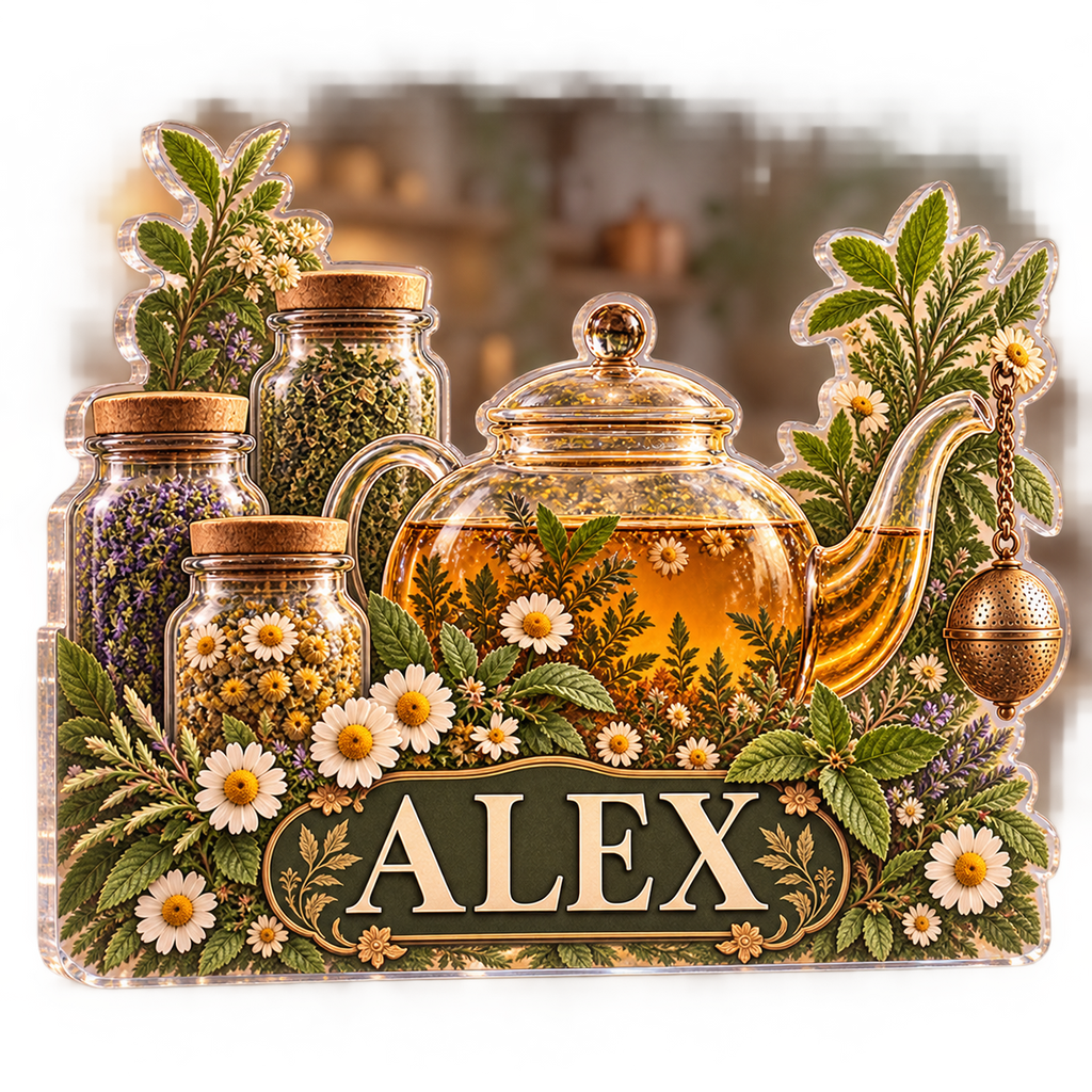 Artwork visualization: Herbal tea shelf — host thank you gift, personalized ALEX, subject-shaped acrylic with printed optical 3D depth; not carved relief.
