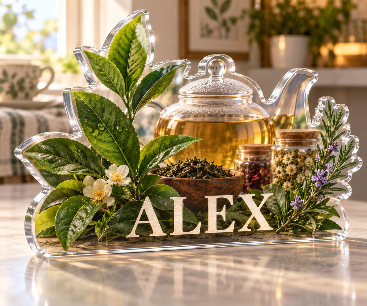 Artwork visualization: Herbal tea shelf — housewarming kitchen gift, personalized ALEX, subject-shaped acrylic with printed optical 3D depth; not carved relief.