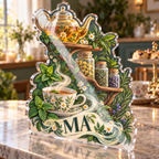 Artwork visualization: Herbal tea shelf — food hobby birthday, personalized MIA, subject-shaped acrylic with printed optical 3D depth; not carved relief.