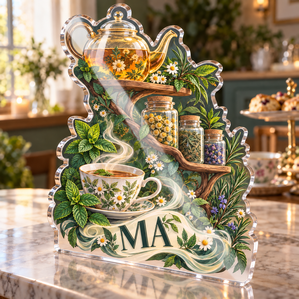 Artwork visualization: Herbal tea shelf — food hobby birthday, personalized MIA, subject-shaped acrylic with printed optical 3D depth; not carved relief.