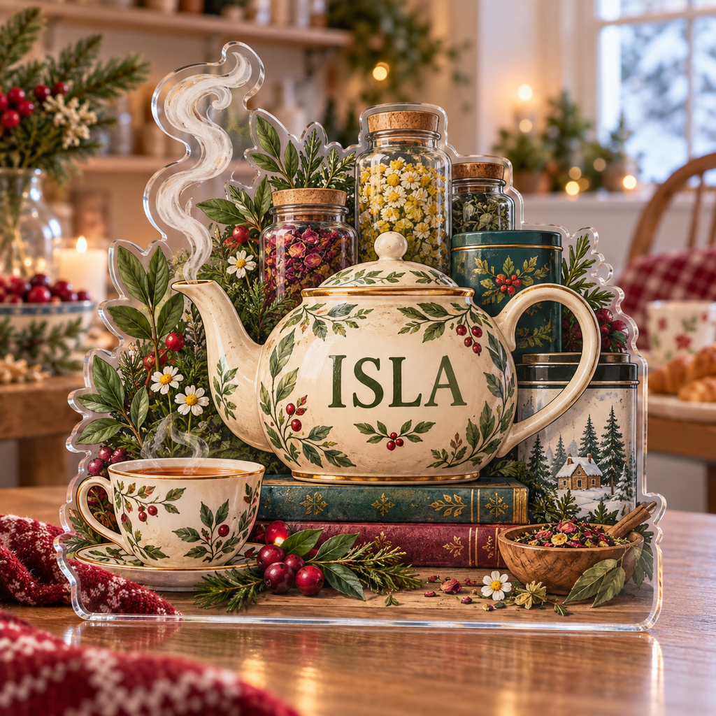Artwork visualization: Herbal tea shelf — breakfast nook decoration, personalized ISLA, subject-shaped acrylic with printed optical 3D depth; not carved relief.