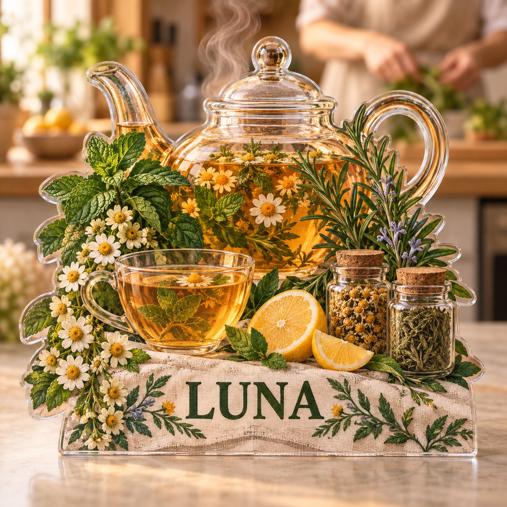 Artwork visualization: Herbal tea shelf — family cooking day, personalized LUNA, subject-shaped acrylic with printed optical 3D depth; not carved relief.