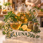 Artwork visualization: Herbal tea shelf — family cooking day, personalized LUNA, subject-shaped acrylic with printed optical 3D depth; not carved relief.