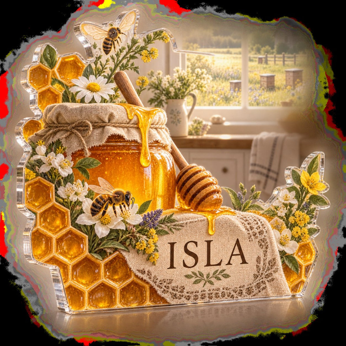 Personalized Honey And Bees Kitchen Wall Collection custom shape acrylic plaque with an example name set into the artwork, digital preview