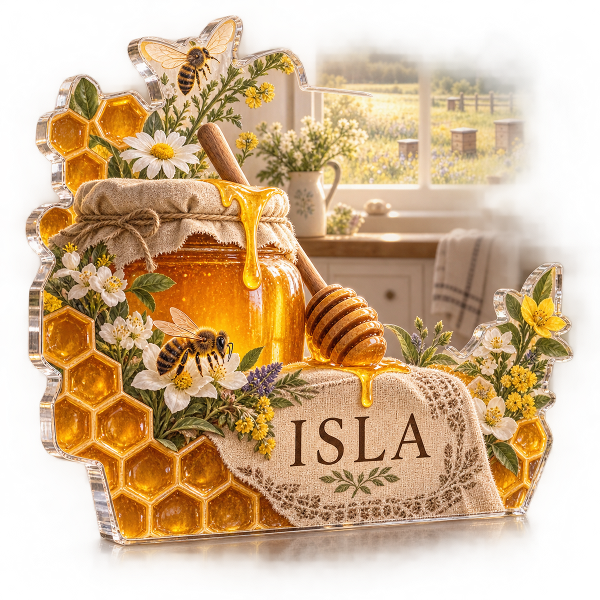 Artwork visualization: Honey and bees — kitchen wall collection, personalized ISLA, subject-shaped acrylic with printed optical 3D depth; not carved relief.