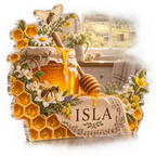 Artwork visualization: Honey and bees — kitchen wall collection, personalized ISLA, subject-shaped acrylic with printed optical 3D depth; not carved relief.