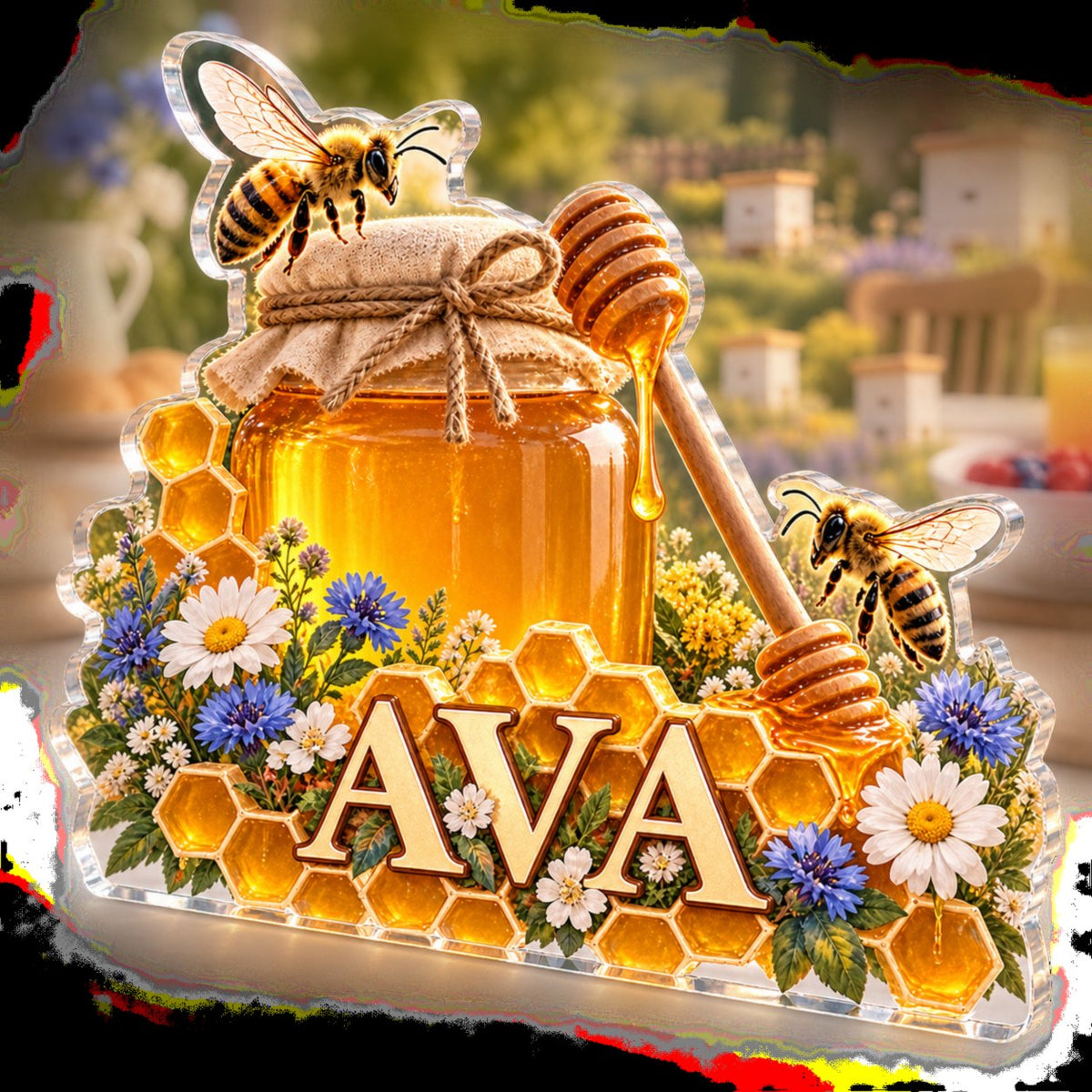 Personalized Honey And Bees Host Thank You Gift custom shape acrylic plaque with an example name set into the artwork, digital preview