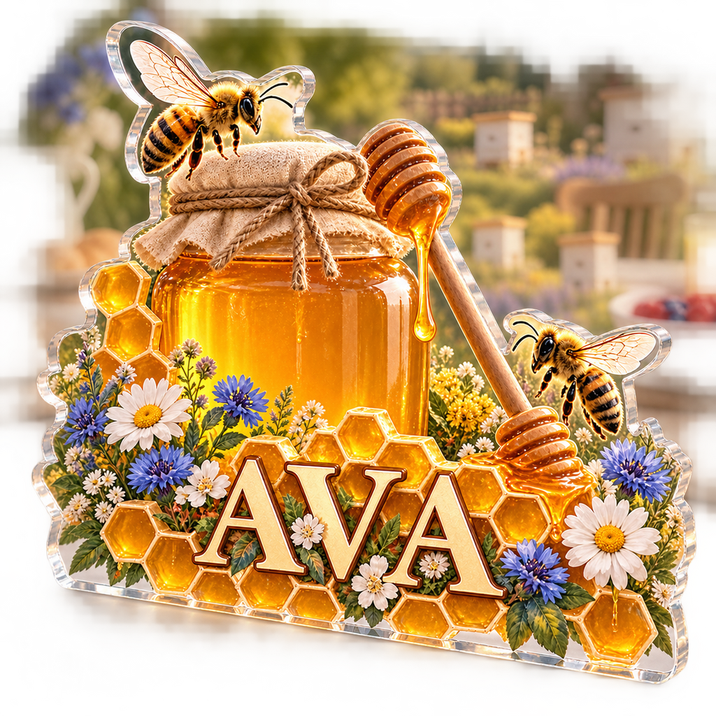 Artwork visualization: Honey and bees — host thank you gift, personalized AVA, subject-shaped acrylic with printed optical 3D depth; not carved relief.