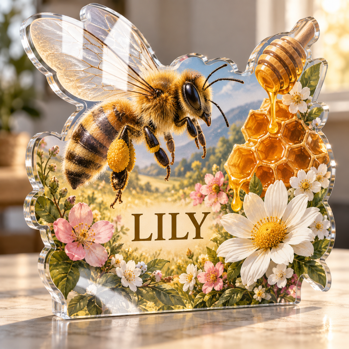 Artwork visualization: Honey and bees — food hobby birthday, personalized LILY, subject-shaped acrylic with printed optical 3D depth; not carved relief.