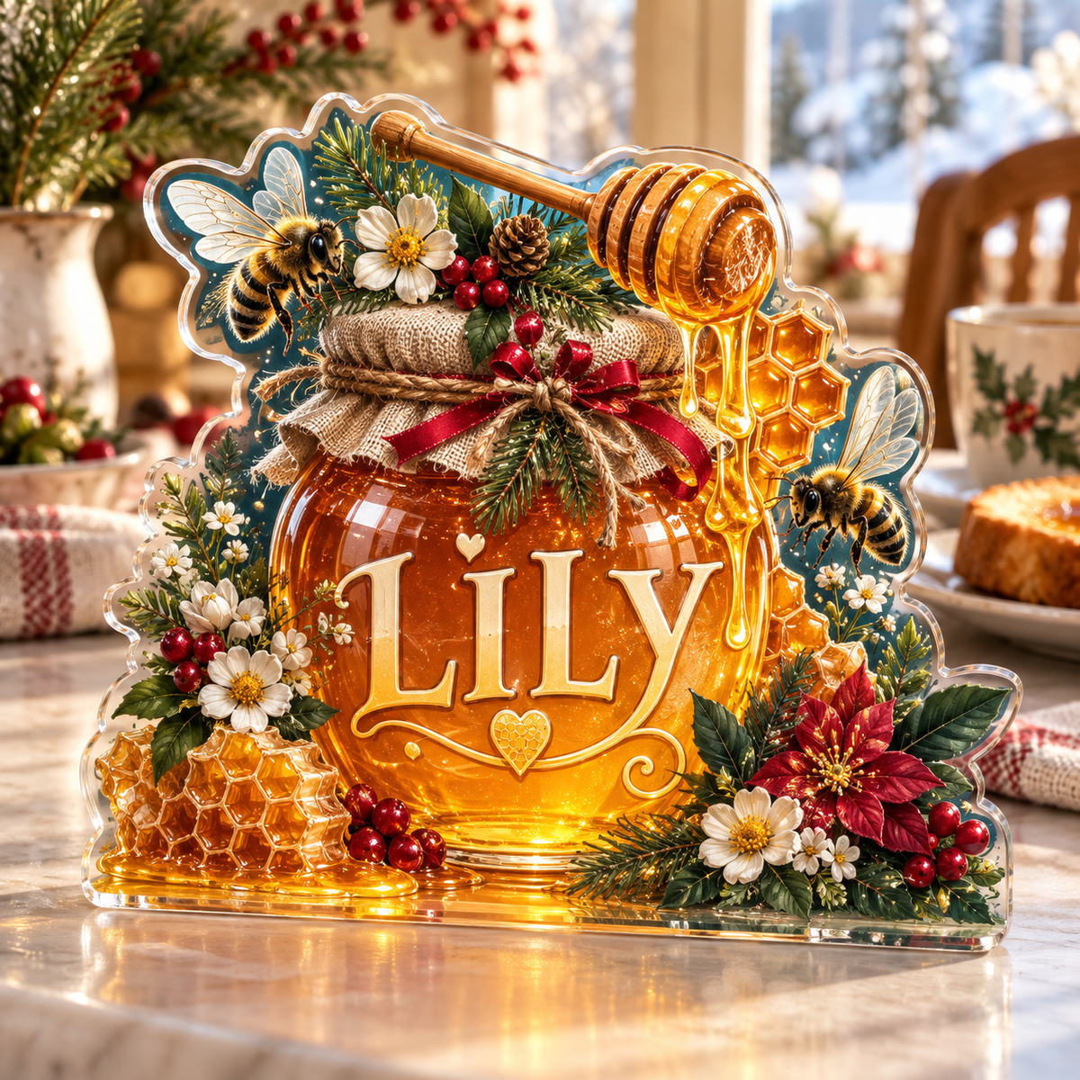 Artwork visualization: Honey and bees — breakfast nook decoration, personalized LILY, subject-shaped acrylic with printed optical 3D depth; not carved relief.