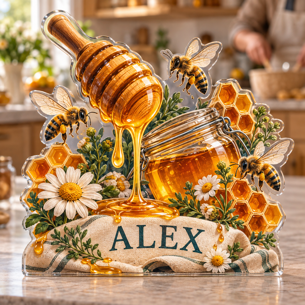 Artwork visualization: Honey and bees — family cooking day, personalized ALEX, subject-shaped acrylic with printed optical 3D depth; not carved relief.