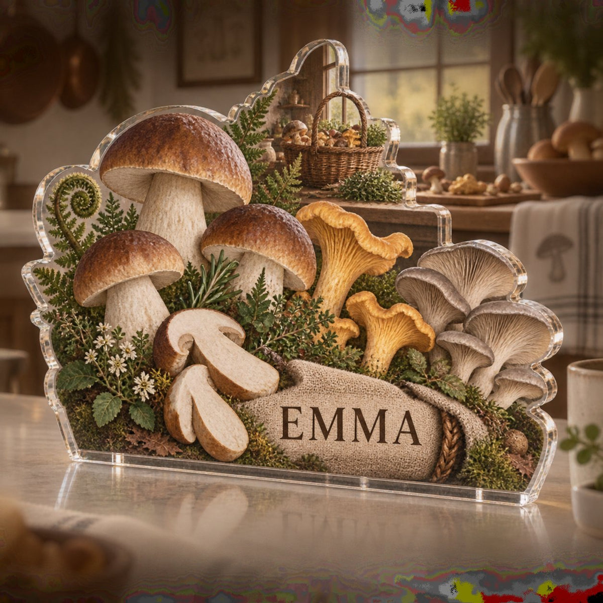 Personalized Mushroom Kitchen Study Kitchen Wall Collection custom shape acrylic plaque with an example name set into the artwork, digital preview