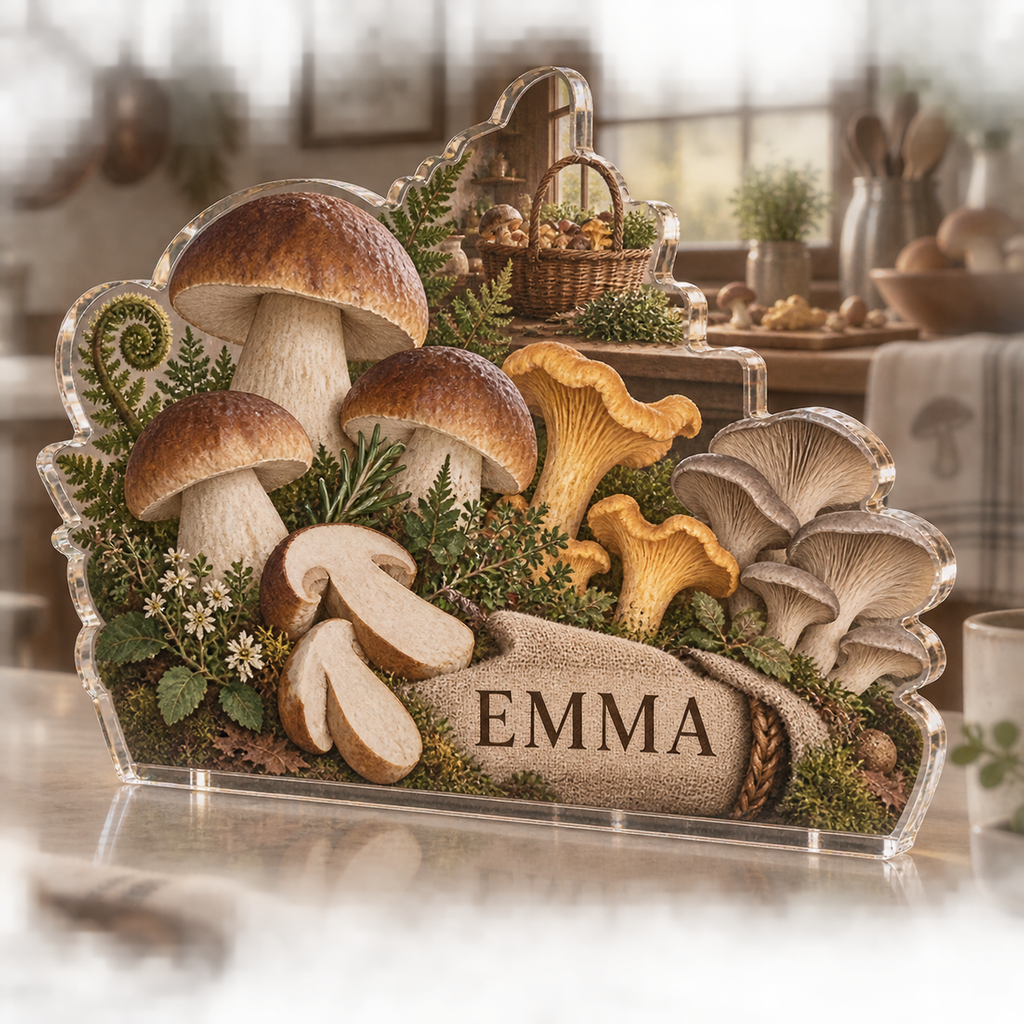 Artwork visualization: Mushroom kitchen study — kitchen wall collection, personalized EMMA, subject-shaped acrylic with printed optical 3D depth; not carved relief.