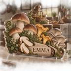 Artwork visualization: Mushroom kitchen study — kitchen wall collection, personalized EMMA, subject-shaped acrylic with printed optical 3D depth; not carved relief.