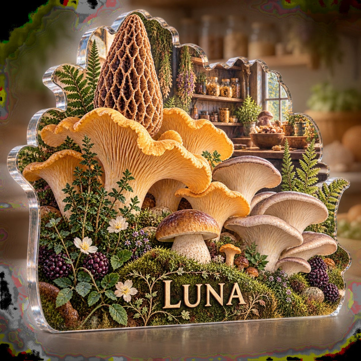 Personalized Mushroom Kitchen Study Host Thank You Gift custom shape acrylic plaque with an example name set into the artwork, digital preview