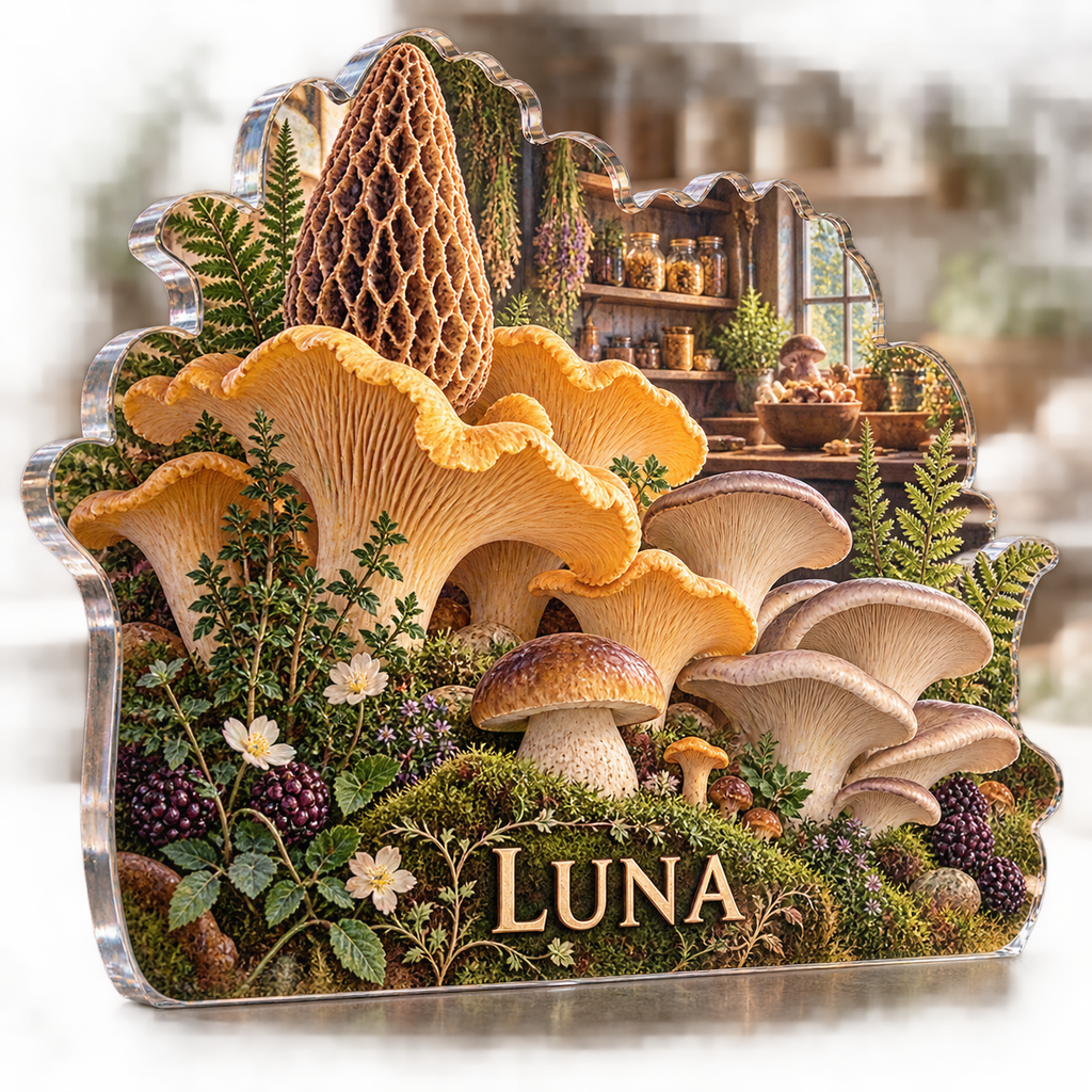 Artwork visualization: Mushroom kitchen study — host thank you gift, personalized LUNA, subject-shaped acrylic with printed optical 3D depth; not carved relief.