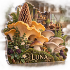 Artwork visualization: Mushroom kitchen study — host thank you gift, personalized LUNA, subject-shaped acrylic with printed optical 3D depth; not carved relief.