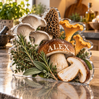 Artwork visualization: Mushroom kitchen study — food hobby birthday, personalized ALEX, subject-shaped acrylic with printed optical 3D depth; not carved relief.