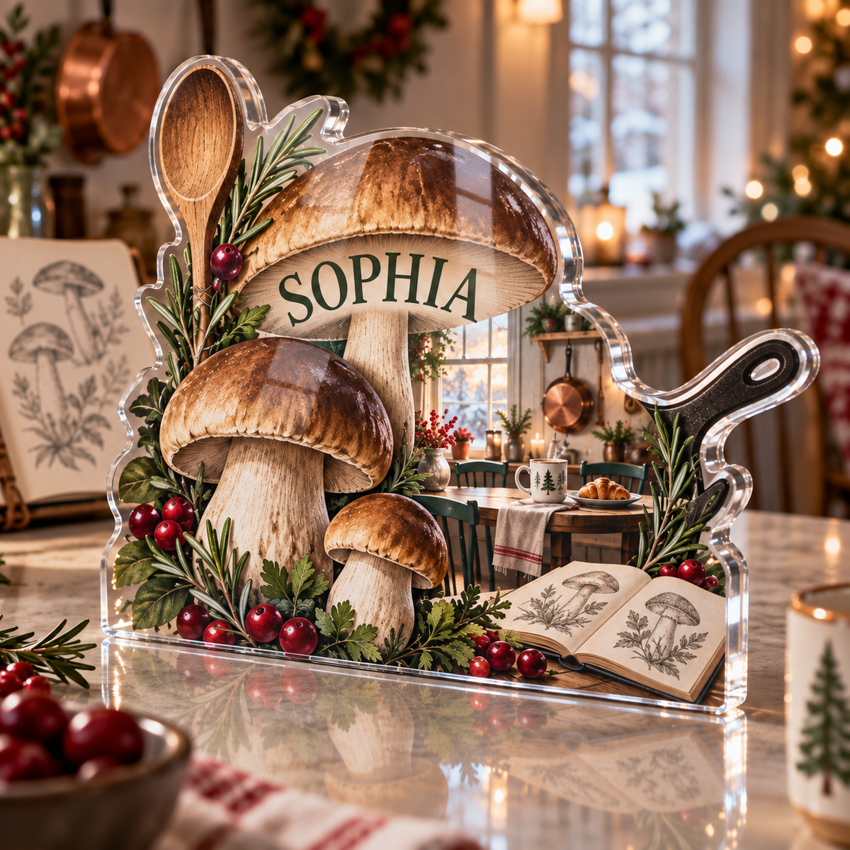 Artwork visualization: Mushroom kitchen study — breakfast nook decoration, personalized SOPHIA, subject-shaped acrylic with printed optical 3D depth; not carved relief.