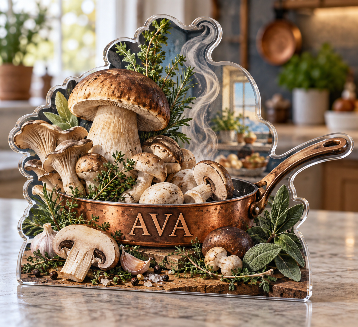 Artwork visualization: Mushroom kitchen study — family cooking day, personalized AVA, subject-shaped acrylic with printed optical 3D depth; not carved relief.