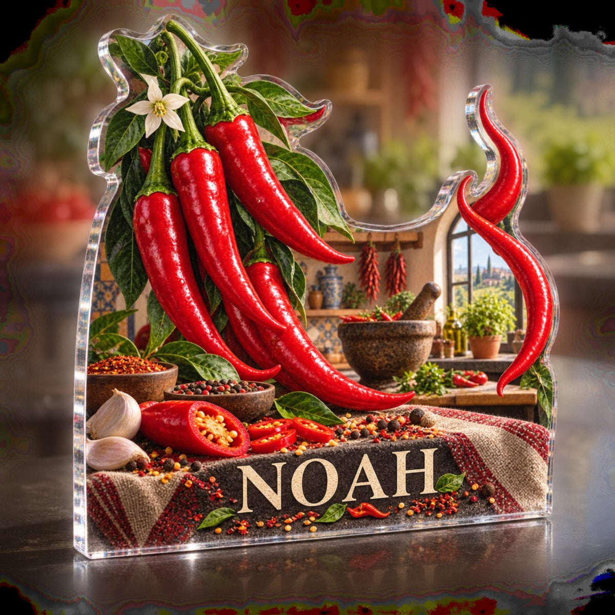 Personalized Chili Pepper Kitchen Kitchen Wall Collection custom shape acrylic plaque with an example name set into the artwork, digital preview