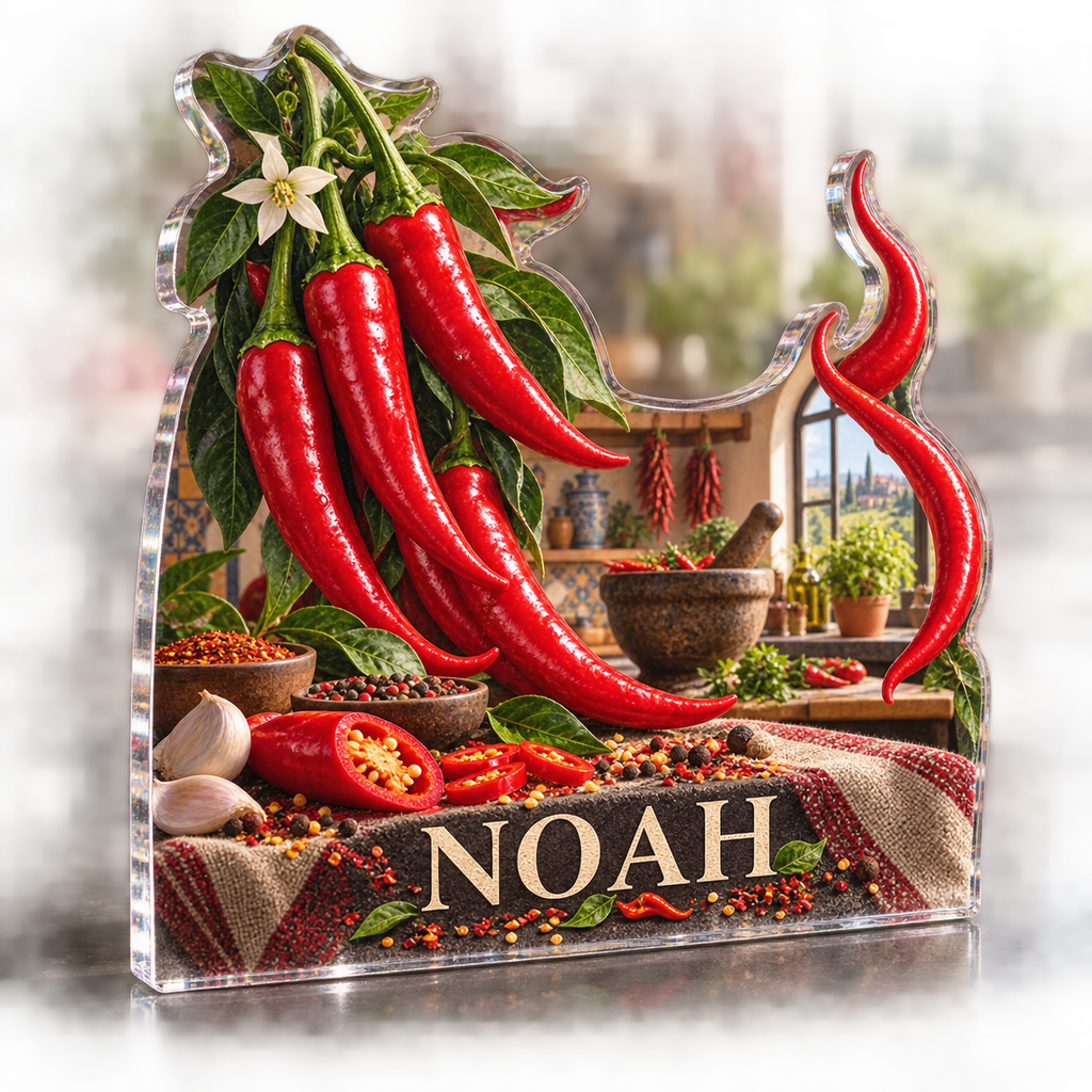 Artwork visualization: Chili pepper kitchen — kitchen wall collection, personalized NOAH, subject-shaped acrylic with printed optical 3D depth; not carved relief.