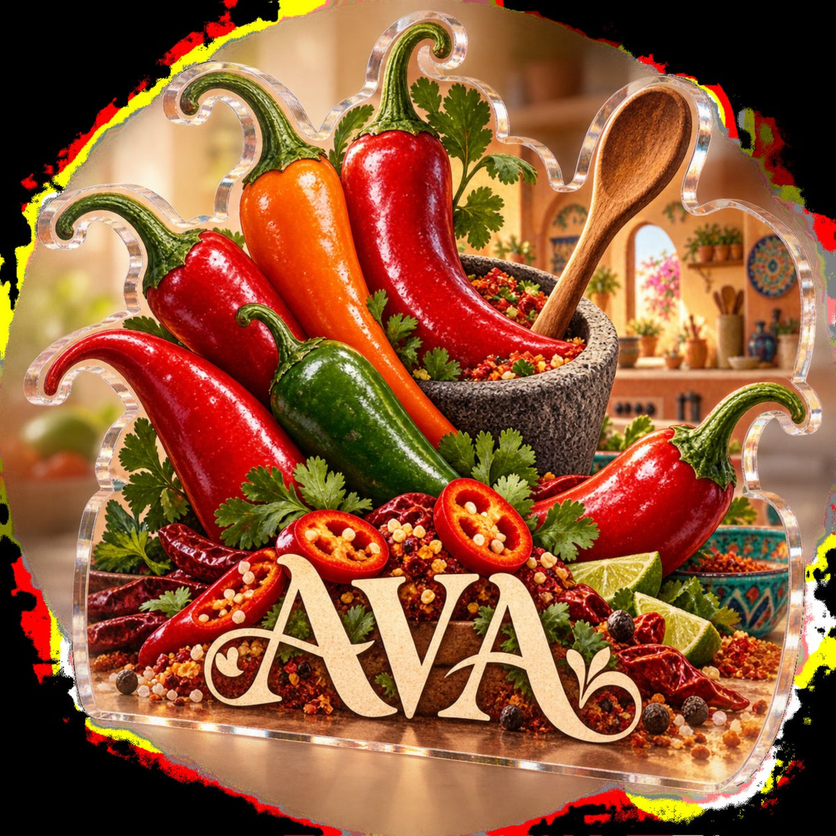 Personalized Chili Pepper Kitchen Host Thank You Gift custom shape acrylic plaque with an example name set into the artwork, digital preview