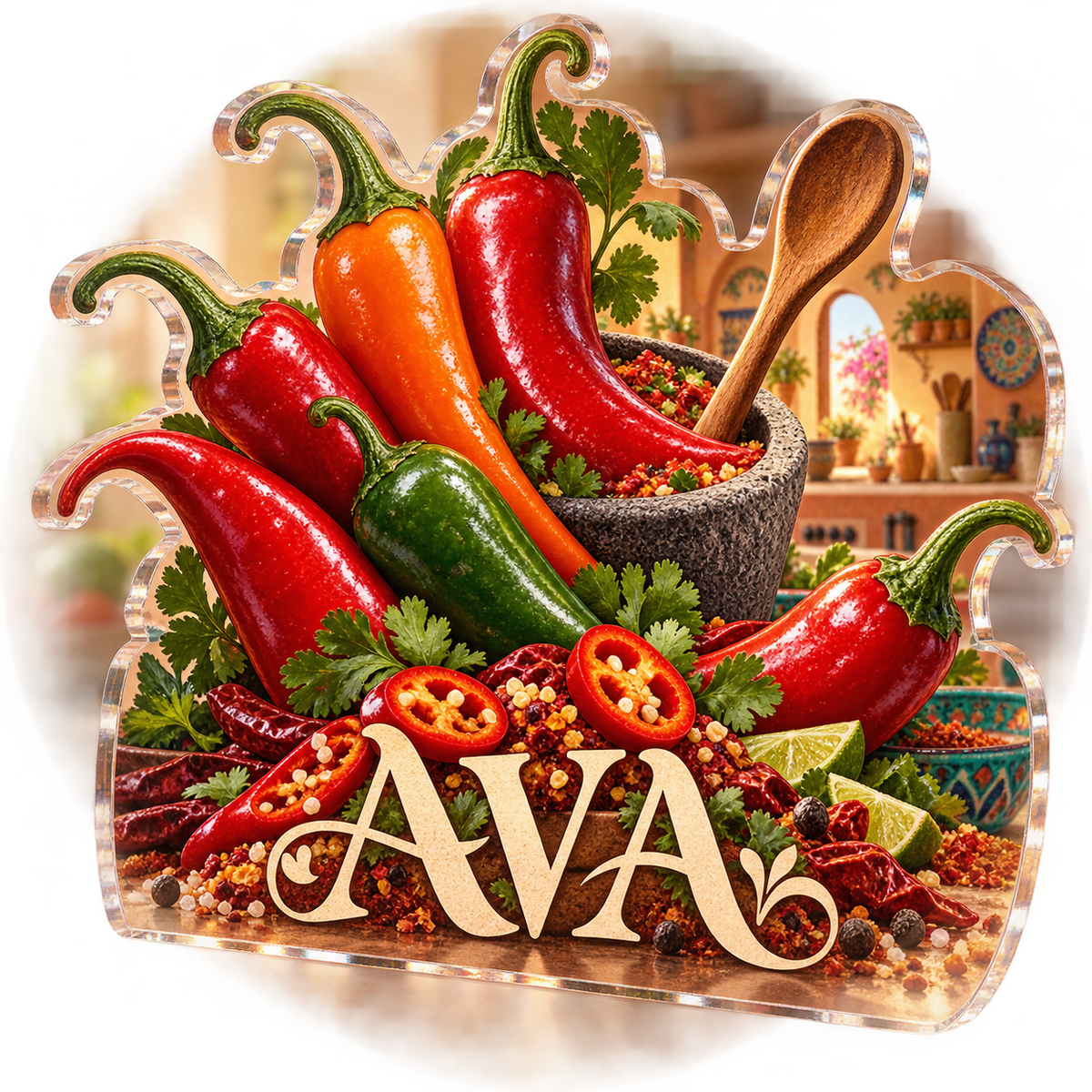 Artwork visualization: Chili pepper kitchen — host thank you gift, personalized AVA, subject-shaped acrylic with printed optical 3D depth; not carved relief.