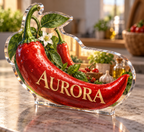 Artwork visualization: Chili pepper kitchen — housewarming kitchen gift, personalized AURORA, subject-shaped acrylic with printed optical 3D depth; not carved relief.