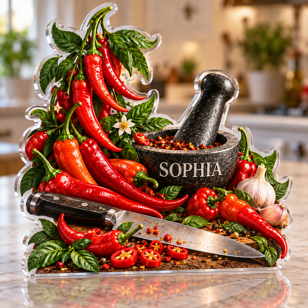 Artwork visualization: Chili pepper kitchen — food hobby birthday, personalized SOPHIA, subject-shaped acrylic with printed optical 3D depth; not carved relief.