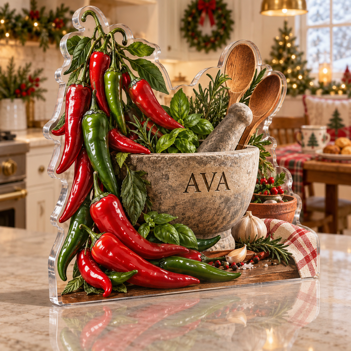 Artwork visualization: Chili pepper kitchen — breakfast nook decoration, personalized AVA, subject-shaped acrylic with printed optical 3D depth; not carved relief.