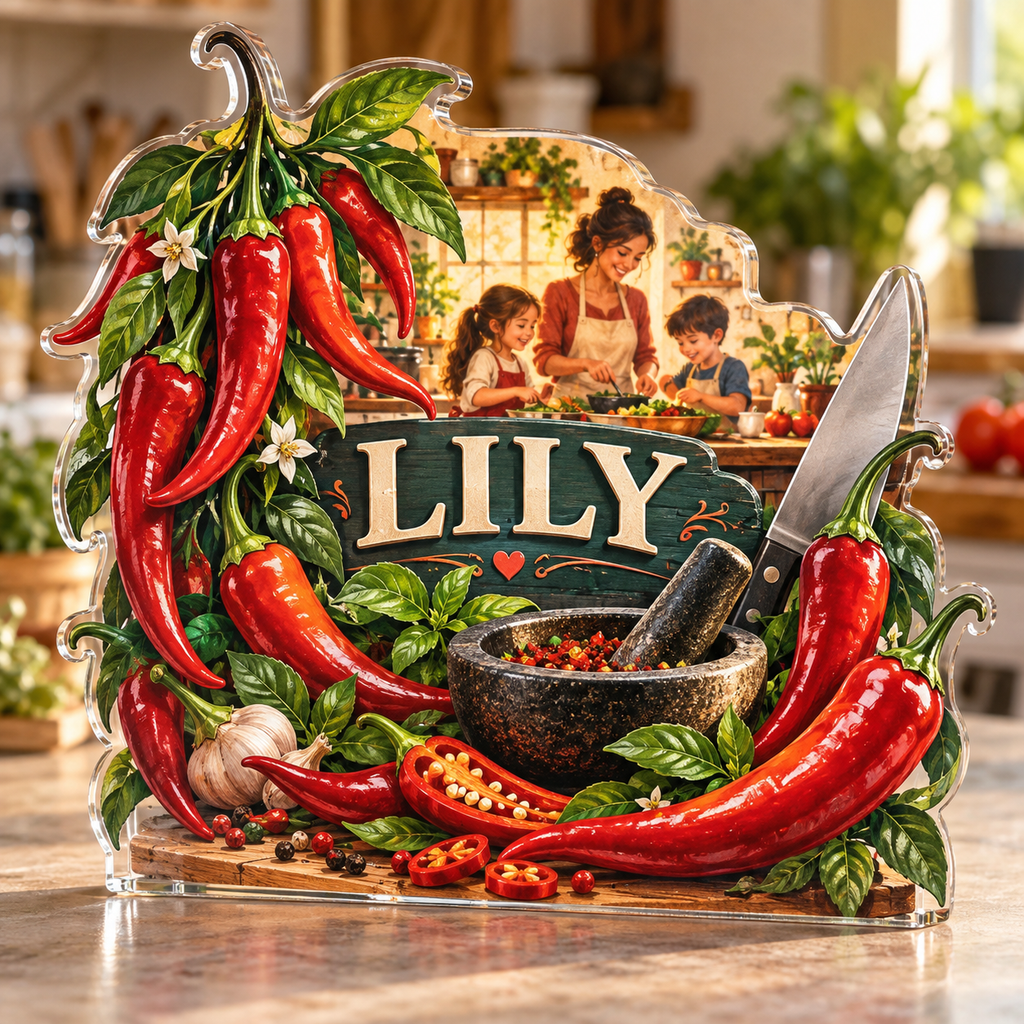 Artwork visualization: Chili pepper kitchen — family cooking day, personalized LILY, subject-shaped acrylic with printed optical 3D depth; not carved relief.