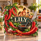 Artwork visualization: Chili pepper kitchen — family cooking day, personalized LILY, subject-shaped acrylic with printed optical 3D depth; not carved relief.