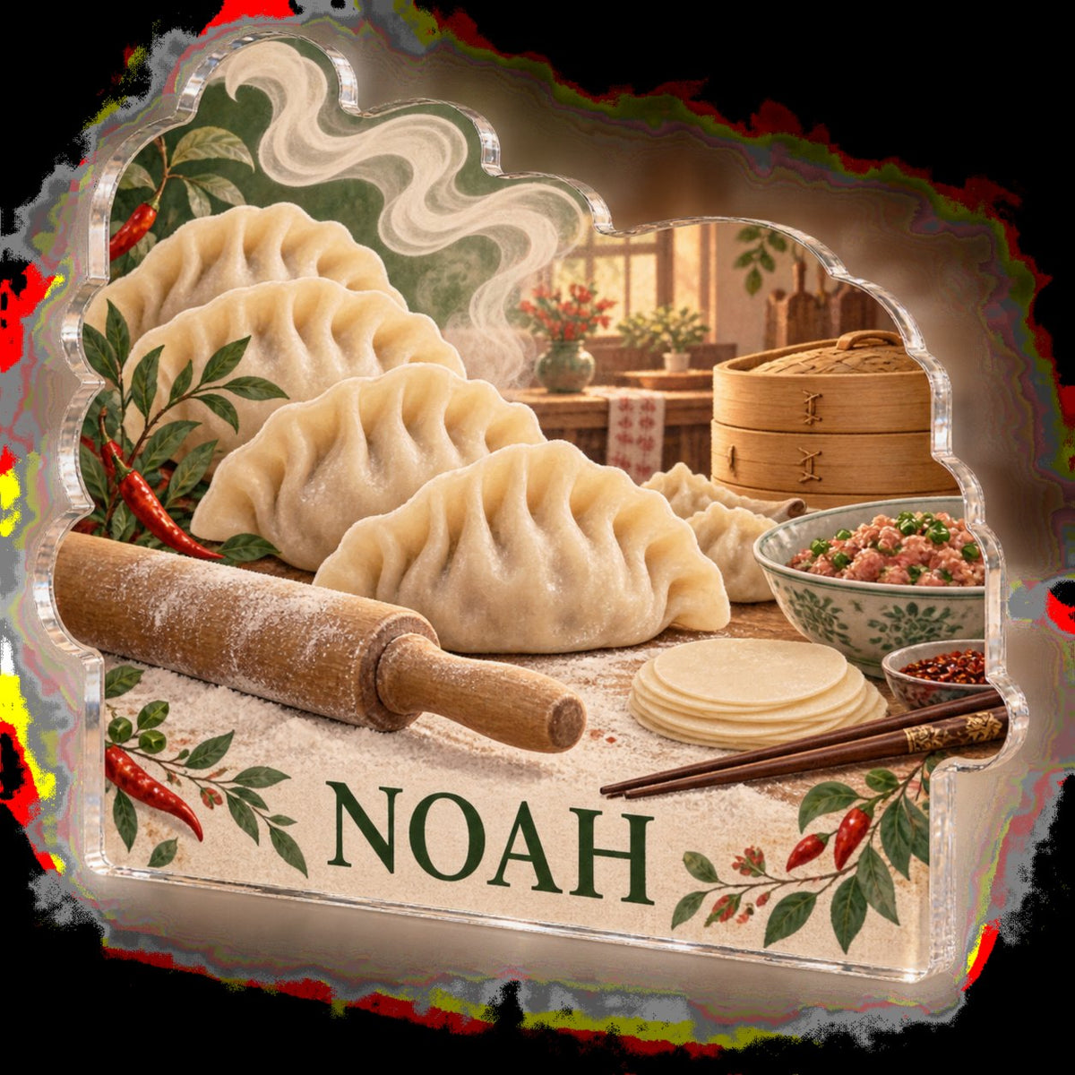 Personalized Dumpling Making Kitchen Wall Collection custom shape acrylic plaque with an example name set into the artwork, digital preview