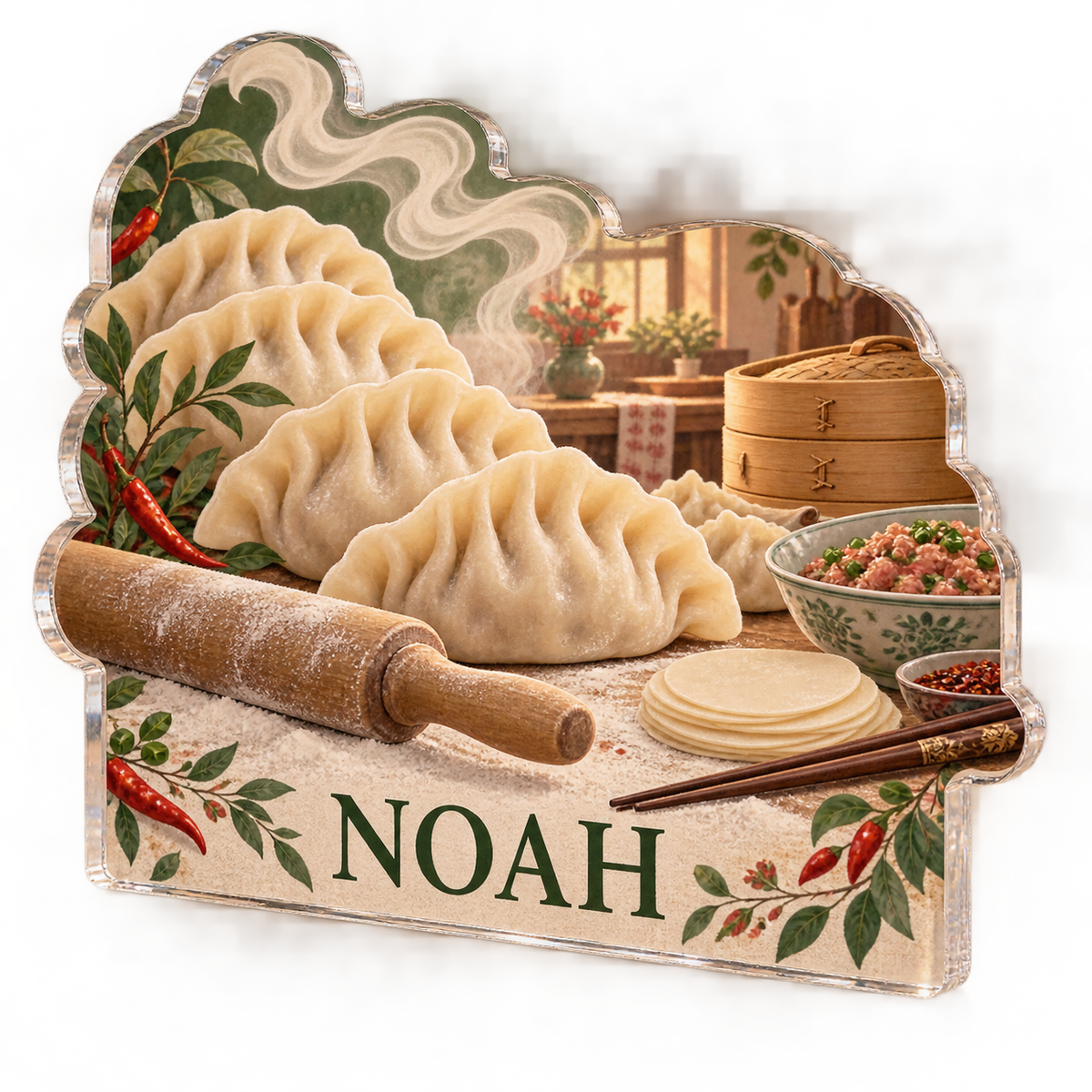 Artwork visualization: Dumpling making — kitchen wall collection, personalized NOAH, subject-shaped acrylic with printed optical 3D depth; not carved relief.