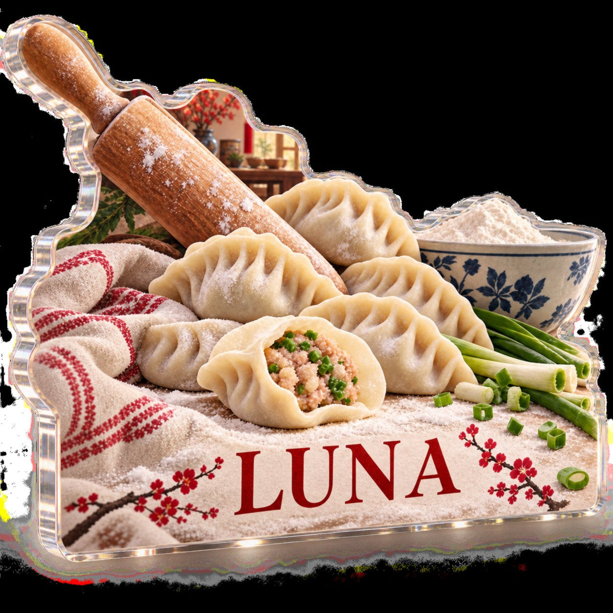 Personalized Dumpling Making Host Thank You Gift custom shape acrylic plaque with an example name set into the artwork, digital preview