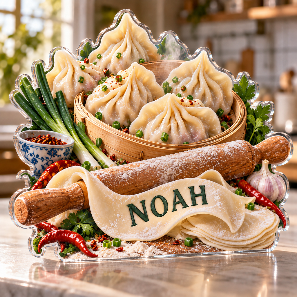 Artwork visualization: Dumpling making — food hobby birthday, personalized NOAH, subject-shaped acrylic with printed optical 3D depth; not carved relief.