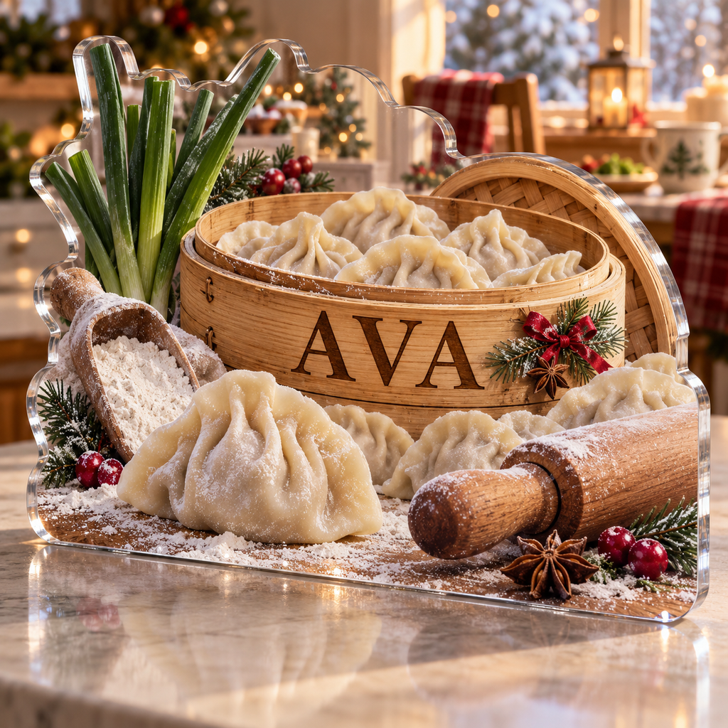 Artwork visualization: Dumpling making — breakfast nook decoration, personalized AVA, subject-shaped acrylic with printed optical 3D depth; not carved relief.