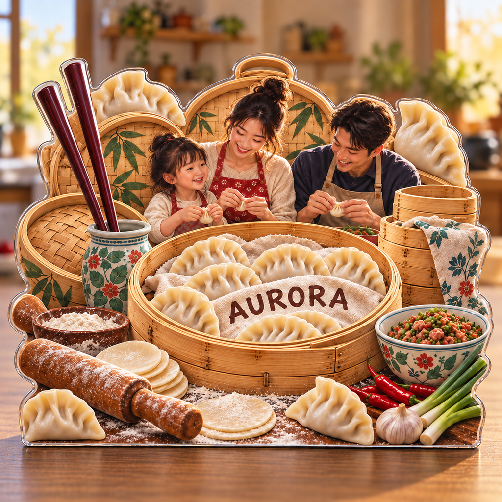 Artwork visualization: Dumpling making — family cooking day, personalized AURORA, subject-shaped acrylic with printed optical 3D depth; not carved relief.