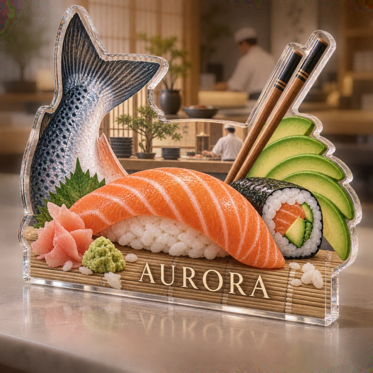 Personalized Sushi Ingredient Illustration Kitchen Wall Collection custom shape acrylic plaque with an example name set into the artwork, digital preview