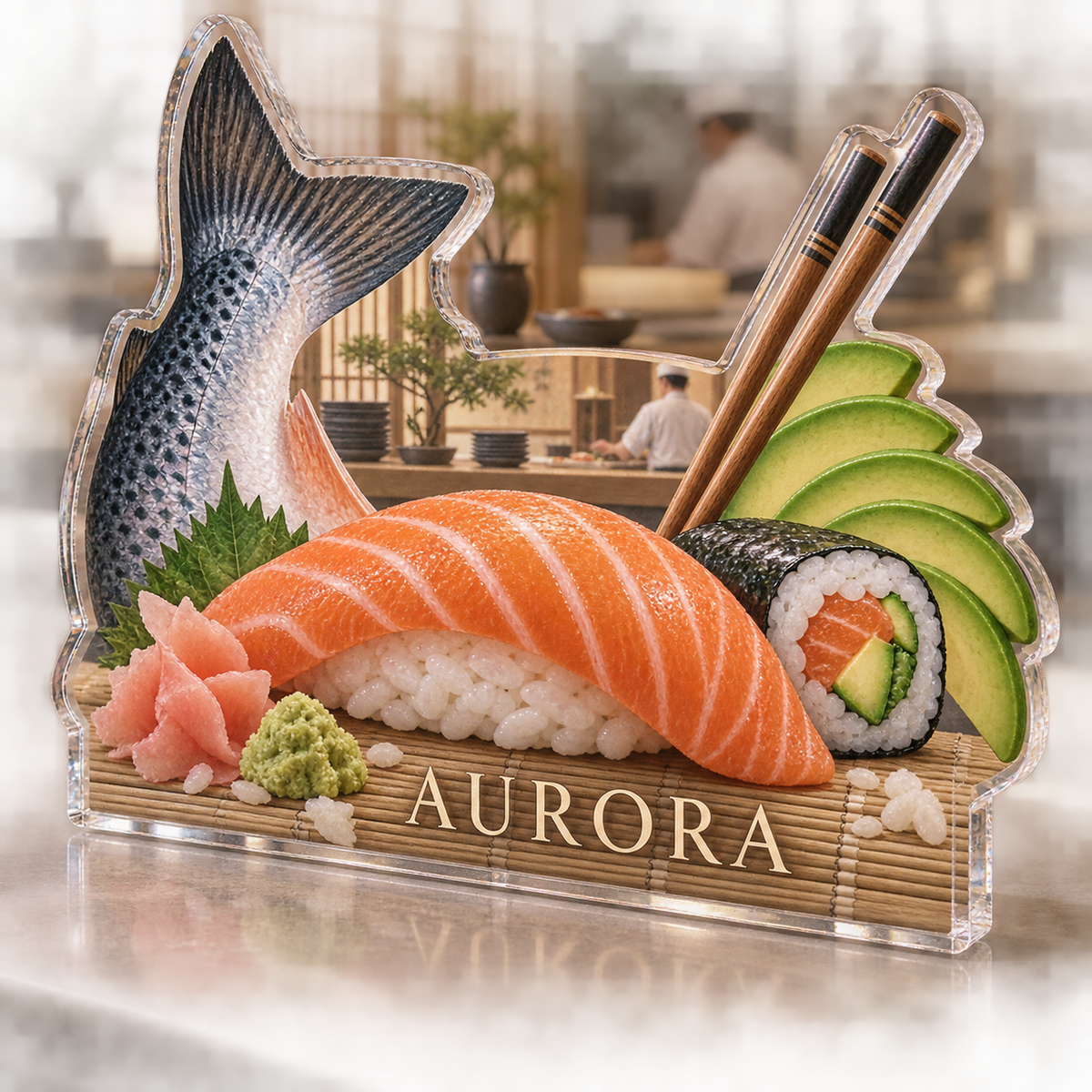 Artwork visualization: Sushi ingredient illustration — kitchen wall collection, personalized AURORA, subject-shaped acrylic with printed optical 3D depth; not carved relief.