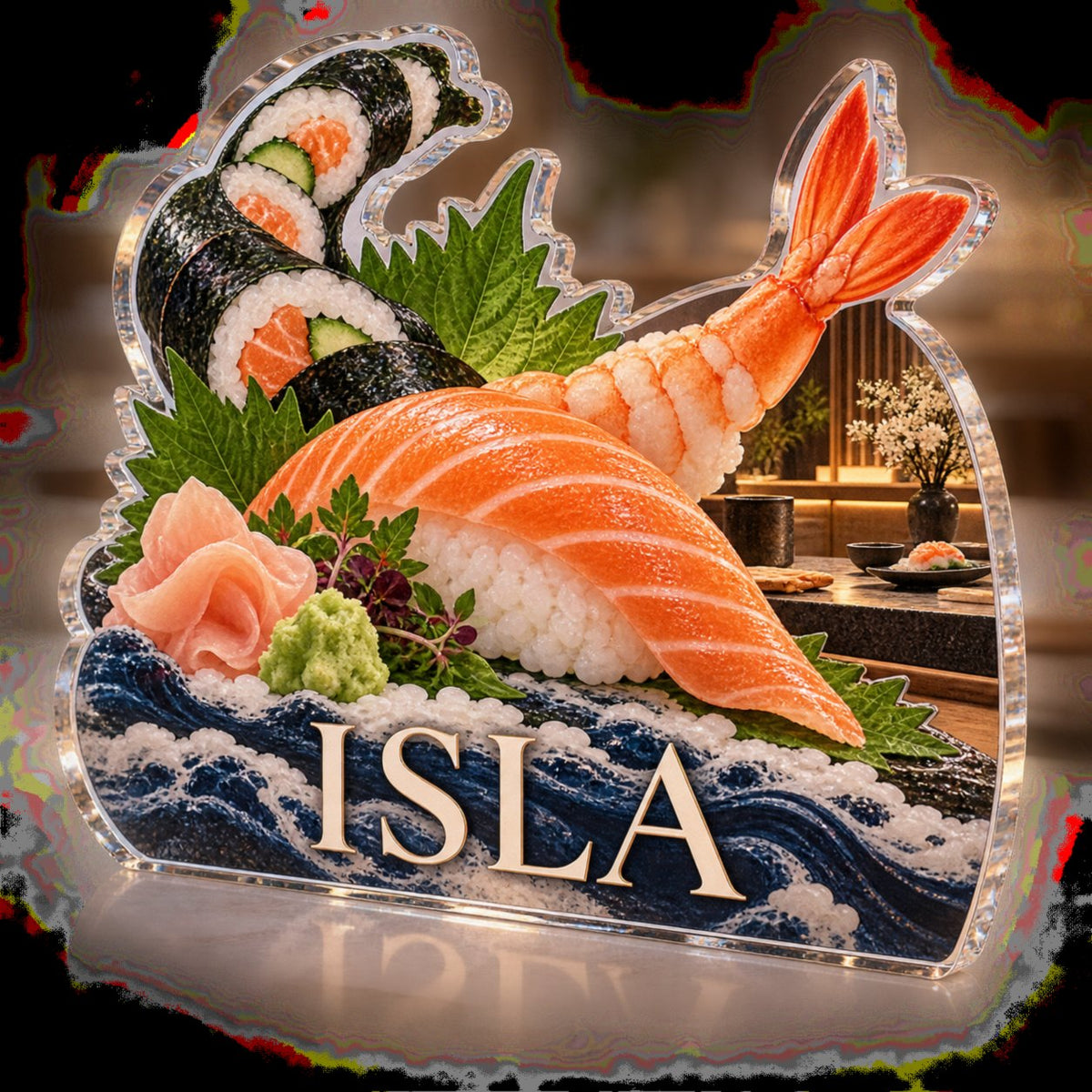Personalized Sushi Ingredient Illustration Host Thank You Gift custom shape acrylic plaque with an example name set into the artwork, digital preview