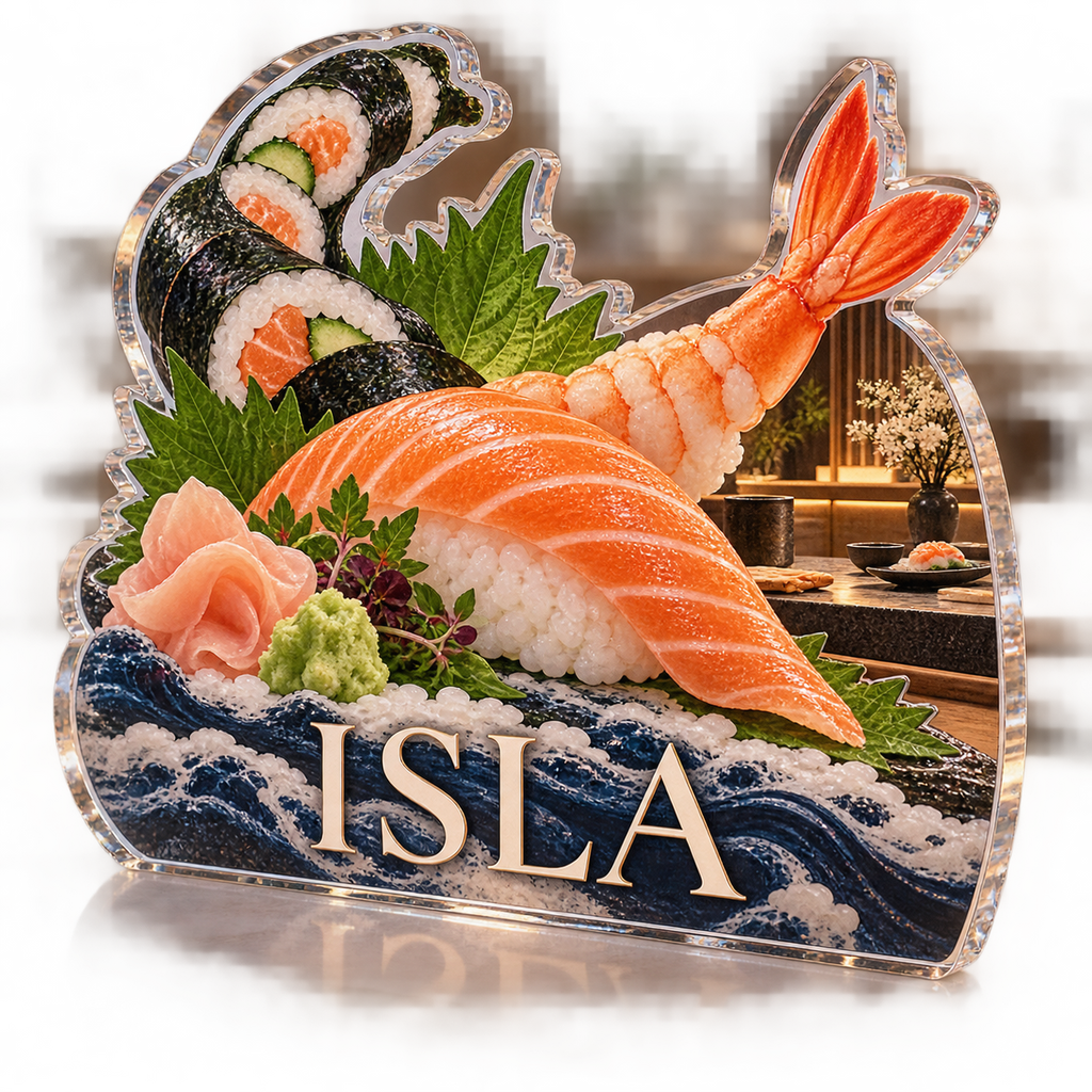 Artwork visualization: Sushi ingredient illustration — host thank you gift, personalized ISLA, subject-shaped acrylic with printed optical 3D depth; not carved relief.