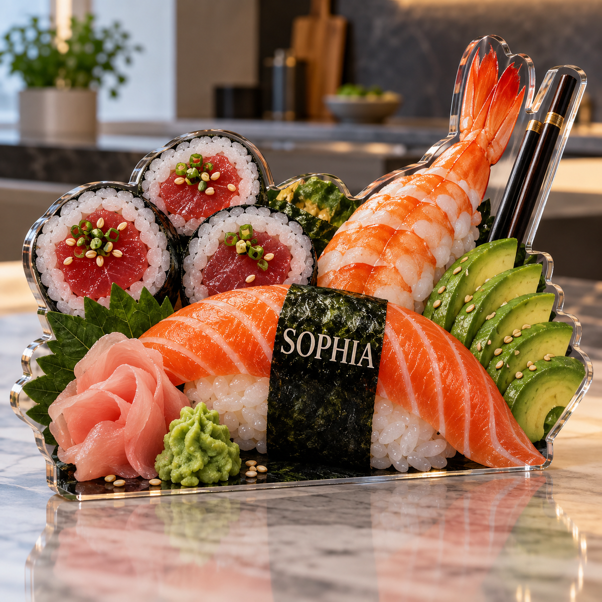 Artwork visualization: Sushi ingredient illustration — food hobby birthday, personalized SOPHIA, subject-shaped acrylic with printed optical 3D depth; not carved relief.