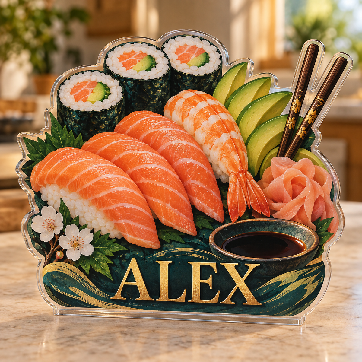 Artwork visualization: Sushi ingredient illustration — family cooking day, personalized ALEX, subject-shaped acrylic with printed optical 3D depth; not carved relief.